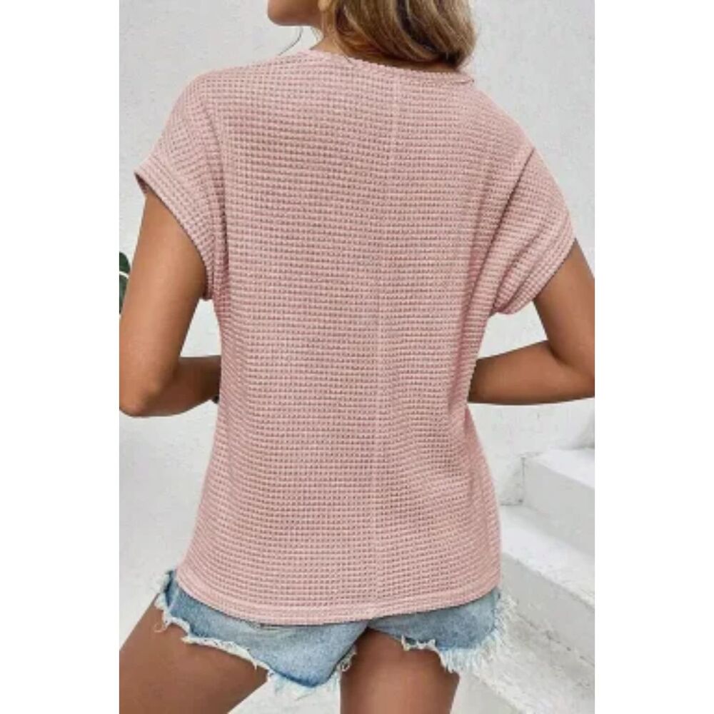 SHEWIN WOMEN LIGHT PINK HOLLOW PATCHWORK WAFFLE KNIT TOP - Picture 2 of 6